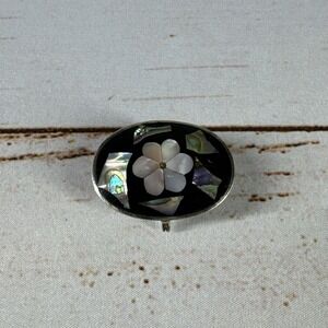 MSJ Mexico Alpaca Silver Brooch Abalone Mother Pearl Inlay Flower Vintage Used
